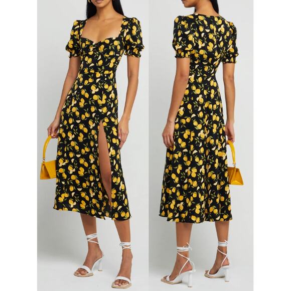 O.p.t. Melanie Lemon Printed Puff Sleeve Slit Midi Dress Black/Yellow Women's M - Picture 1 of 6